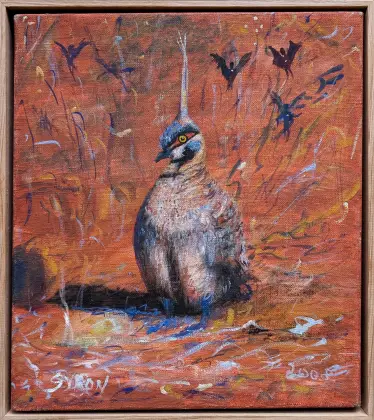 Gordon Syron, Black fairies + spinifex pigeon, 2008, oil on canvas, 46 x 40 cm; 48 x 44 cm frame
