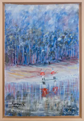 Gordon Syron, Red coats at the waterhole, 2002, oil on canvas, 49 x 31 cm; 52.5 x 37 cm frame