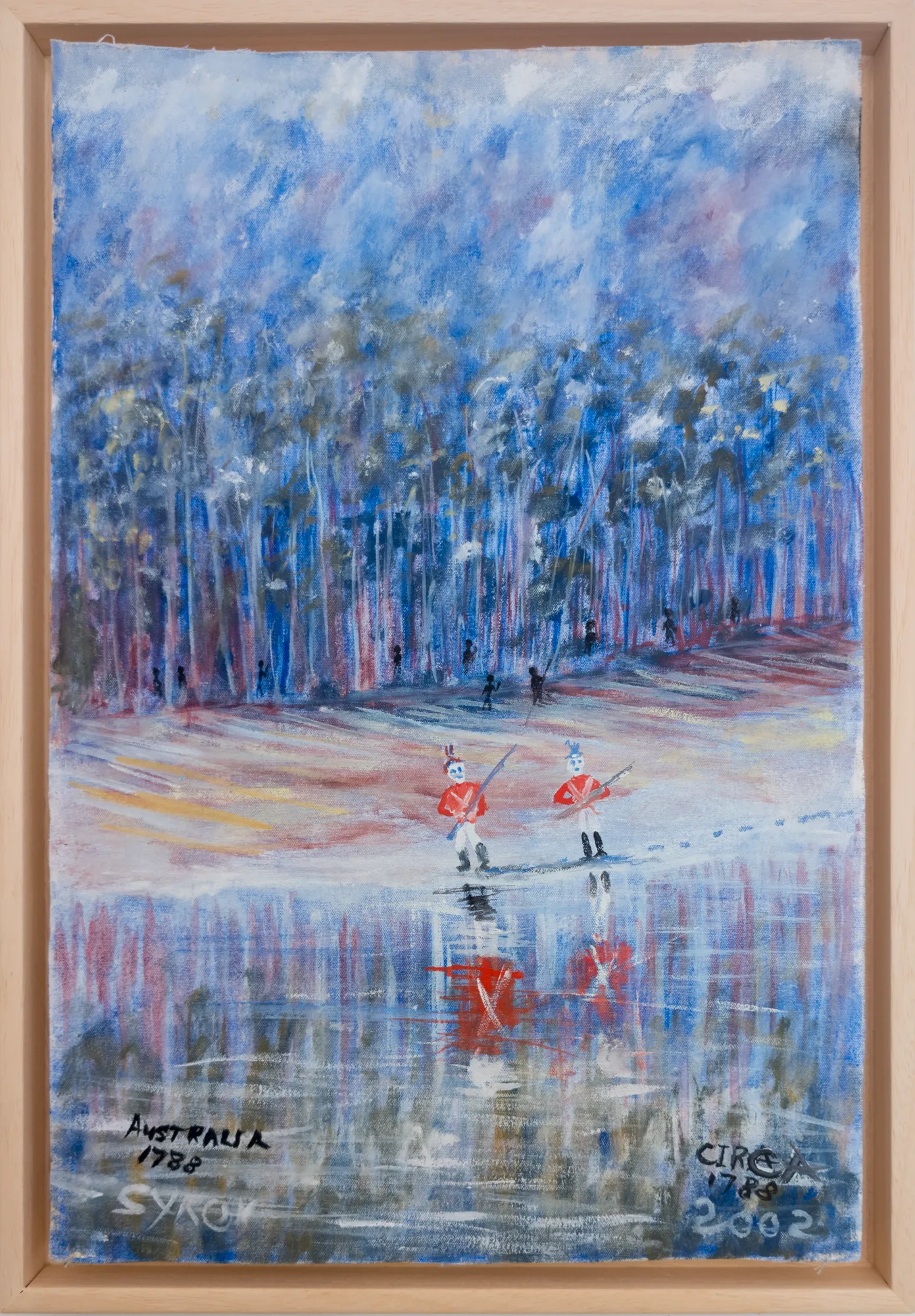 Gordon Syron, Red coats at the waterhole, 2002, oil on canvas, 49 x 31 cm; 52.5 x 37 cm frame