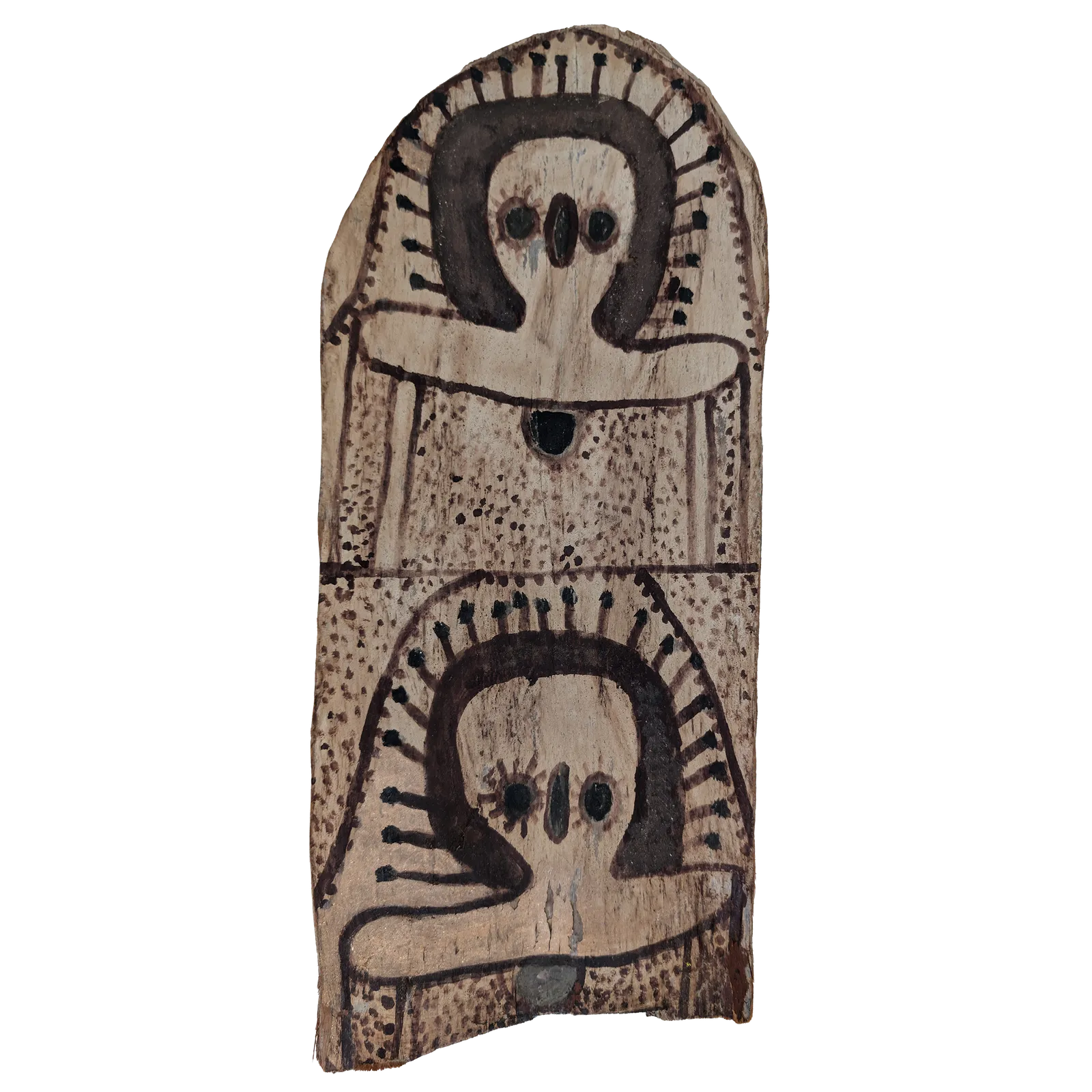 Molly Karadada, Wandjina's, 1987, natural earth pigments on bark, 53 x 22 cm