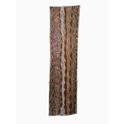 Barrupu Yunupingu, Gurtha, 2022, natural earth pigments on bark, 108 x 28 cm