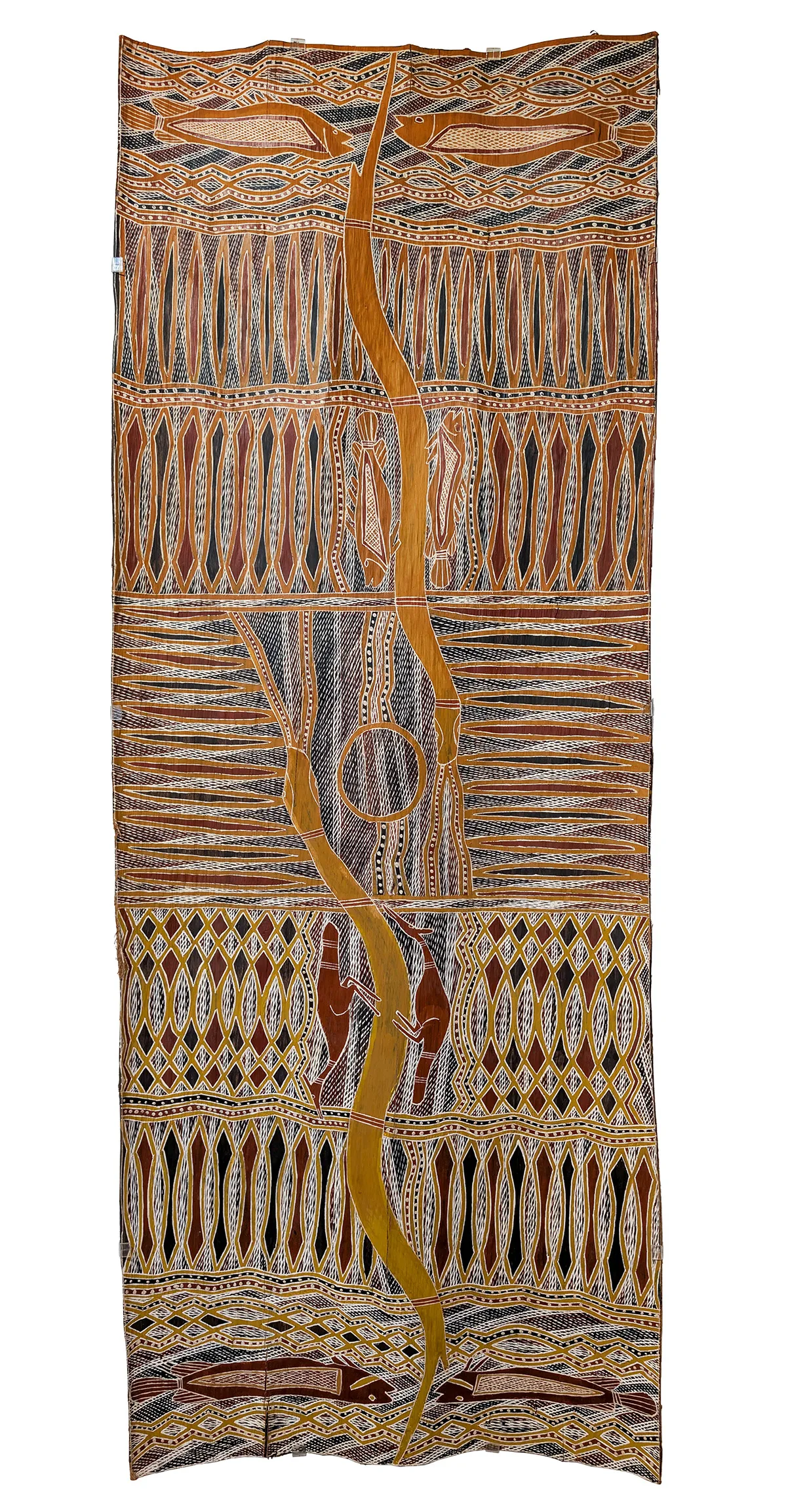 Gawirrin Gumana, Baraltja Monuk, 2008, natural earth pigments on stringy bark, 175 x 65 cm