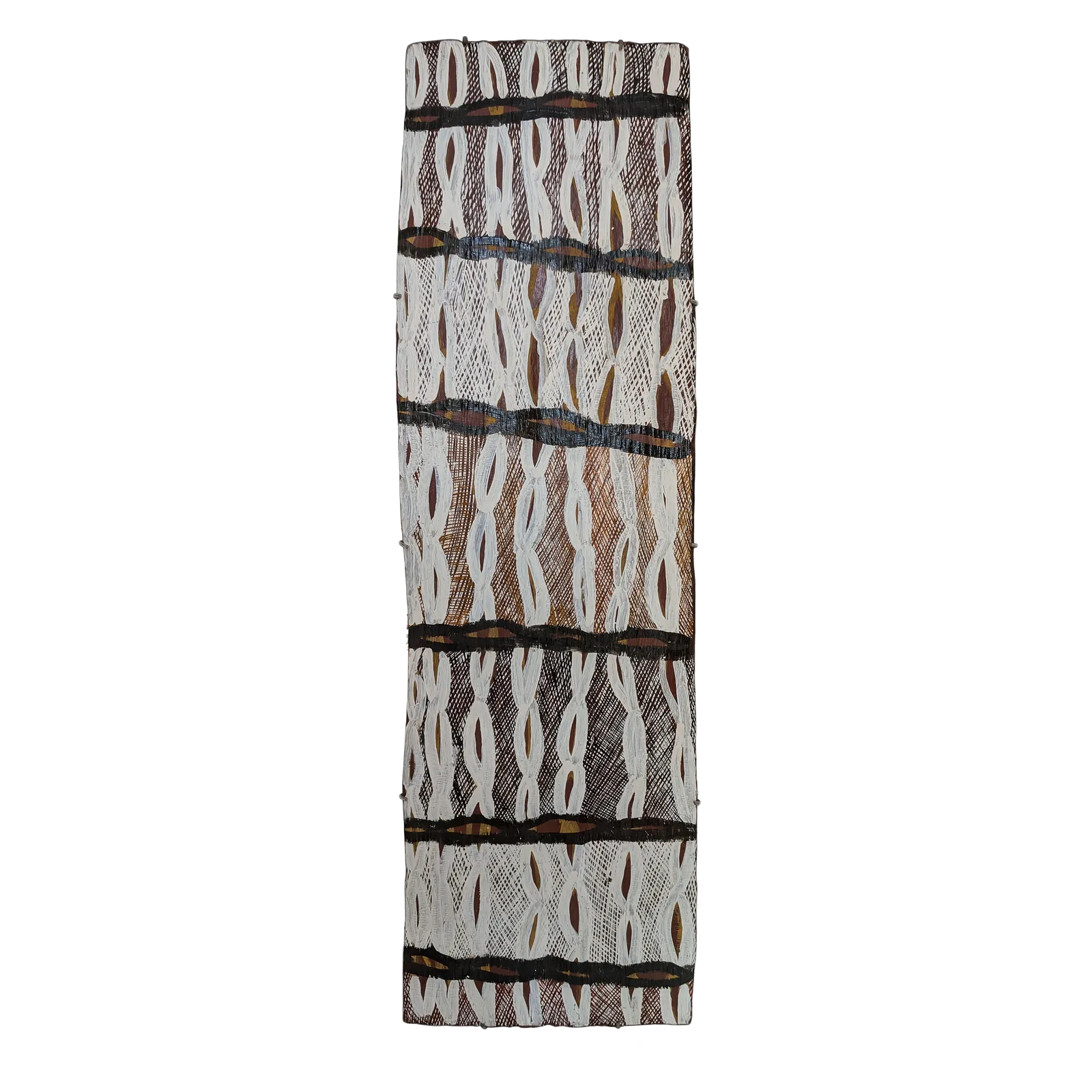 Barrupu Yunupingu, Gurtha, natural earth pigments on stringybark, 42 x 137 cm