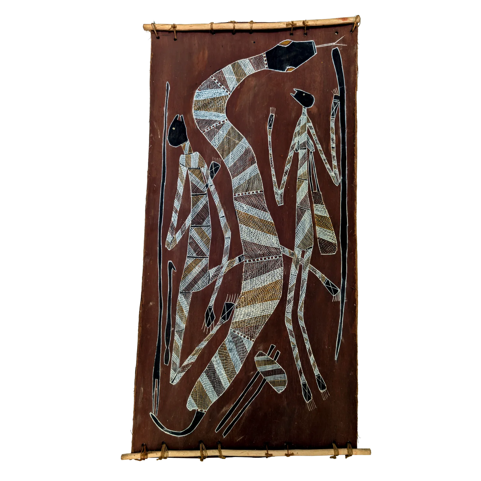 Artist Once Known, Two Mimis and Snake, natural earth pigments on bark, 101 x 47 cm
