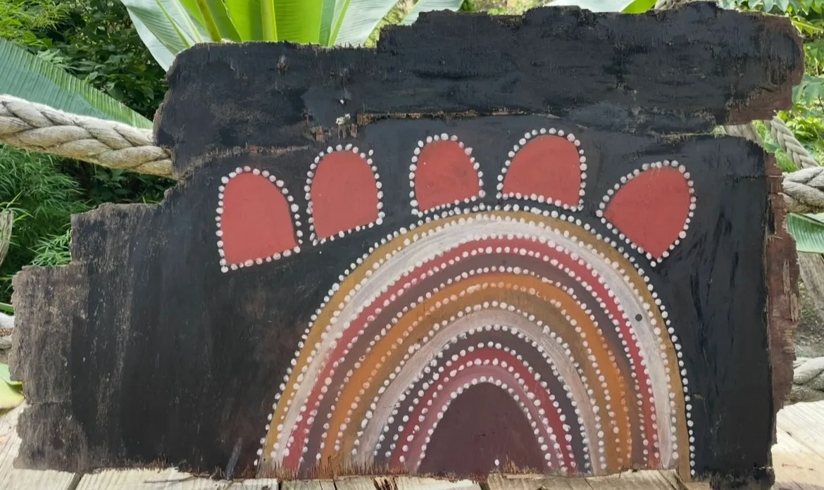 Paddy (Jampin) Jaminji, Hills of Bedford Station, c.1977-1983, natural earth pigments on plywood, 72 x 117 cm (irregular)