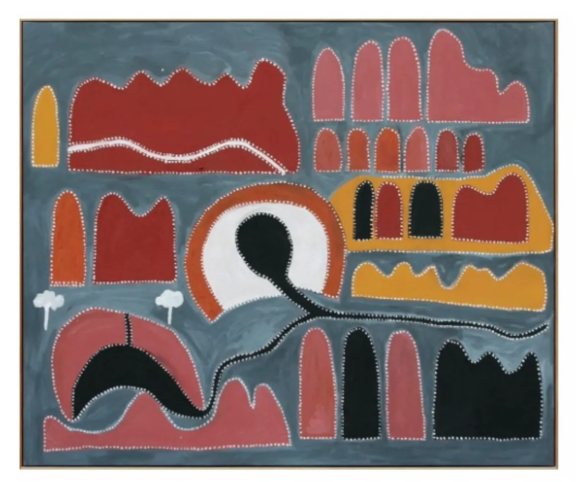 Queenie Nakarra McKenzie, Waterfall at Dahloo Dahloo, 1995, natural earth pigments on canvas, 178 x 149 cm