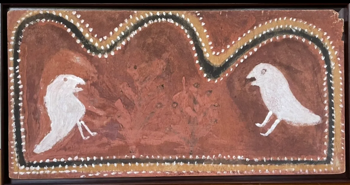 Mook Mook Owls, c.1983-84, natural earth pigments on plywood, 61 x 122 cm