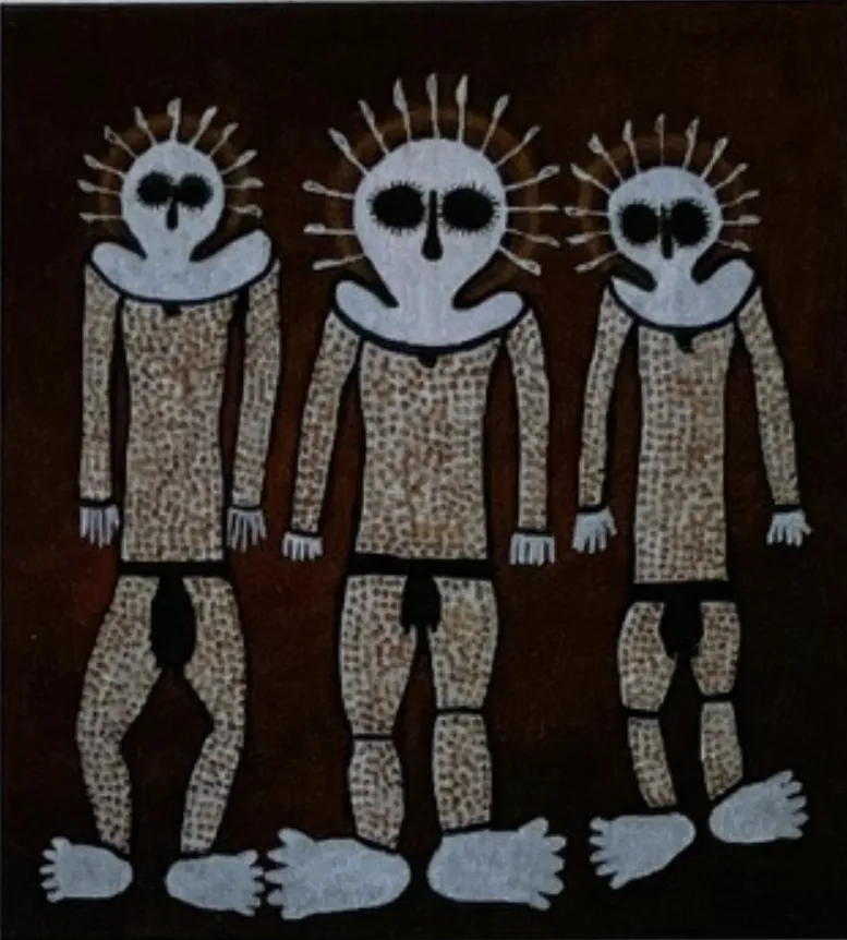 David Mowaljarlai, Waderi Storm Wandjinas, 1995, natural earth pigments on linen, 117 x 130 cm