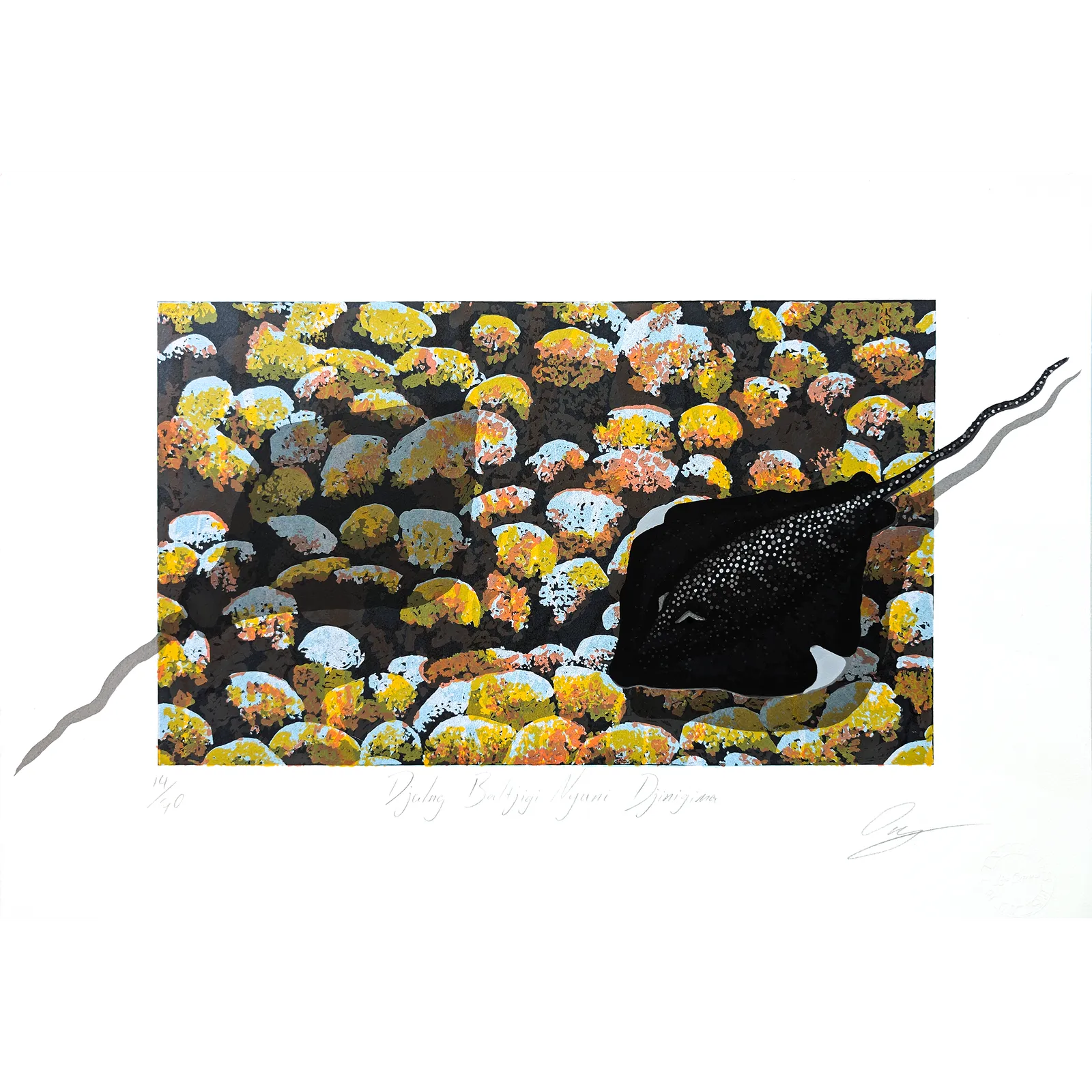 Lin Onus, Djalng Baltjigi Nyuni Djinigima, 1994, limited edition screenprint on paper, 30 x 65 cm (irregular), 50 x 70 cm paper