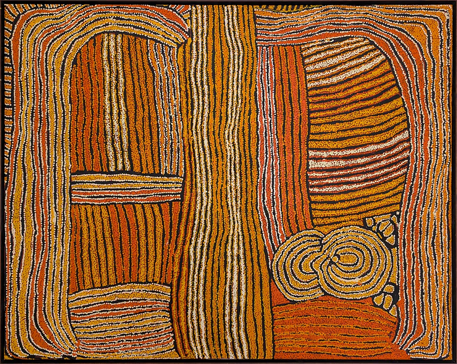 Walangkura Napanangka I (Uta Uta’s Wife), Tjukurla, 2007, synthetic polymer paint on linen, 121 x 152.5 cm, 123.5 x 155 cm frame