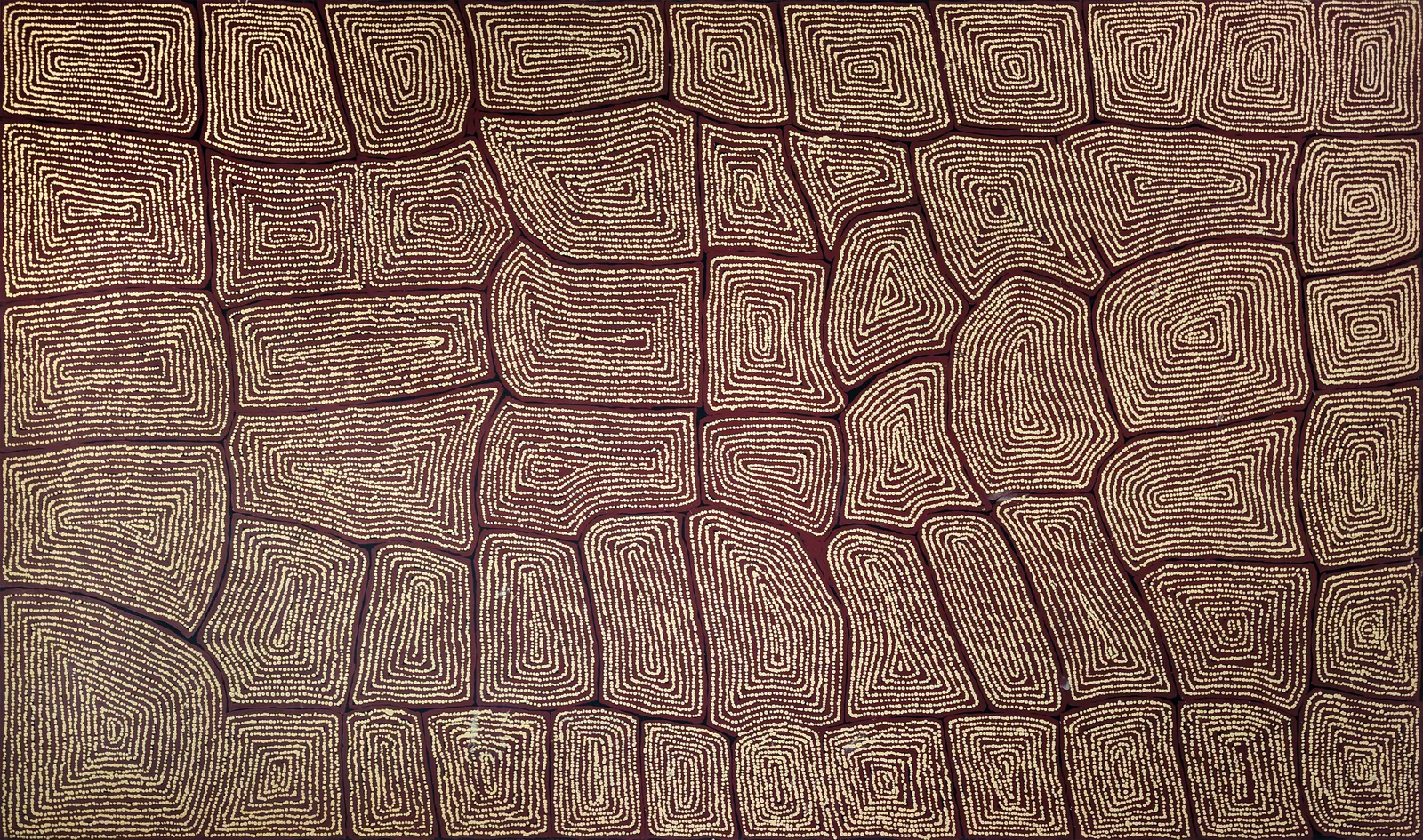 Thomas Tjapaltjarri, Tingari West of Last McKay, 2004, synthetic polymer paint on Belgian linen, 182 x 300 cm