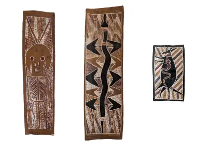 Artist Once Known, Galpu clan - File Snake and Lillies; Mokoy, Trickster Spirit; Untitled, c.1970, natural earth pigments on stringy bark, 55.5 x 16 cm; 51 x 13.5 cm; 24 x 13.5 cm
