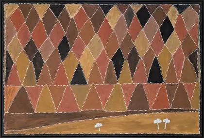 Queenie Nakarra McKenzie, Hills Texas Station, 1995, natural earth pigments on canvas, 100 x 150 cm, 103 x 152.5 cm frame