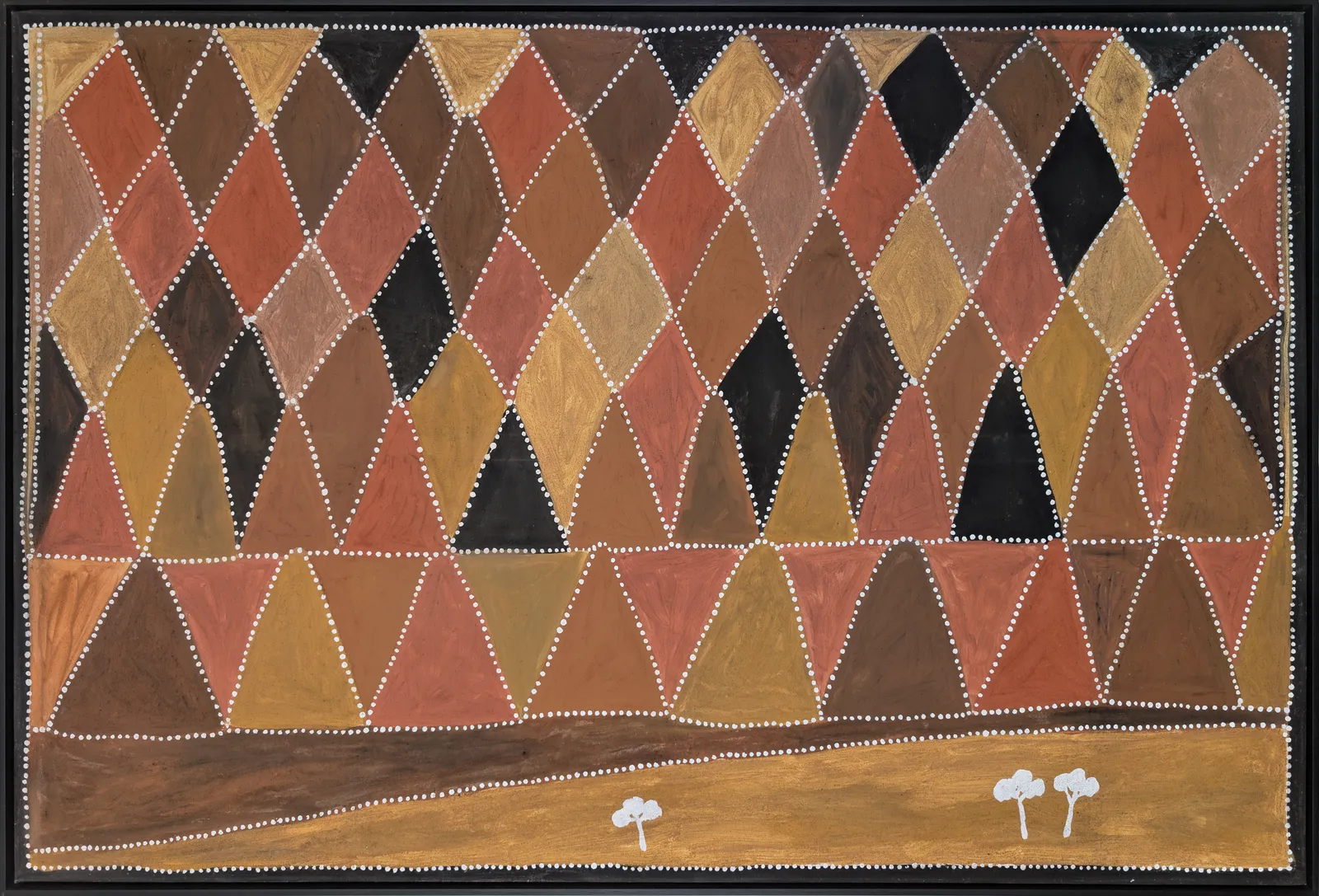Queenie Nakarra McKenzie, Hills Texas Station, 1995, natural earth pigments on canvas, 100 x 150 cm, 103 x 152.5 cm frame