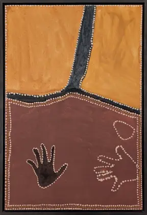 Rover Julama Thomas, Untitled, Rover's hand prints on Country, 1993, natural earth pigments on canvas, 90 x 60 cm, 95 x 64.5 cm frame