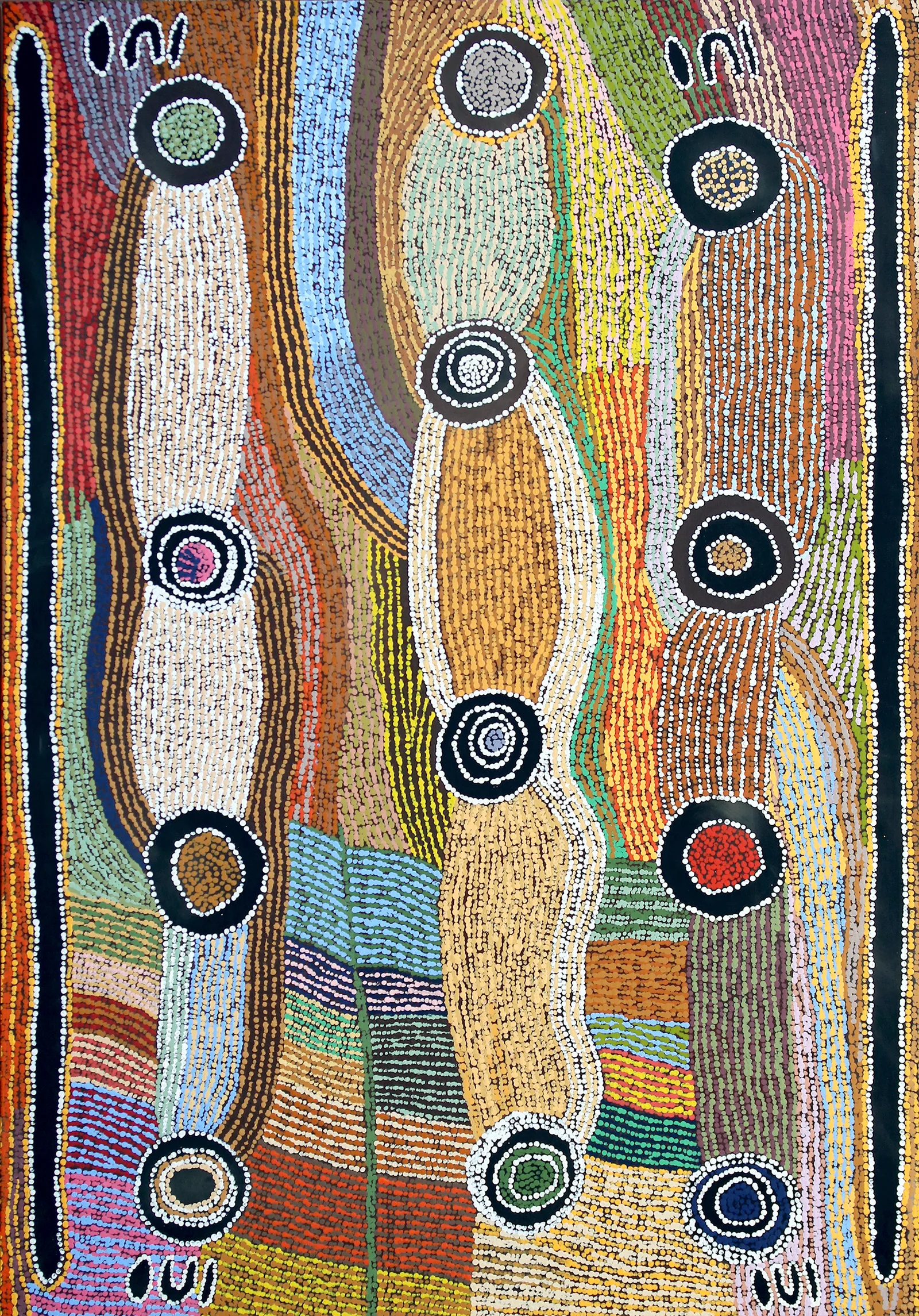 Maggie Watson Napangardi, Women's Story, 1995, synthetic polymer paint on linen, 141.5 x 202.5 cm