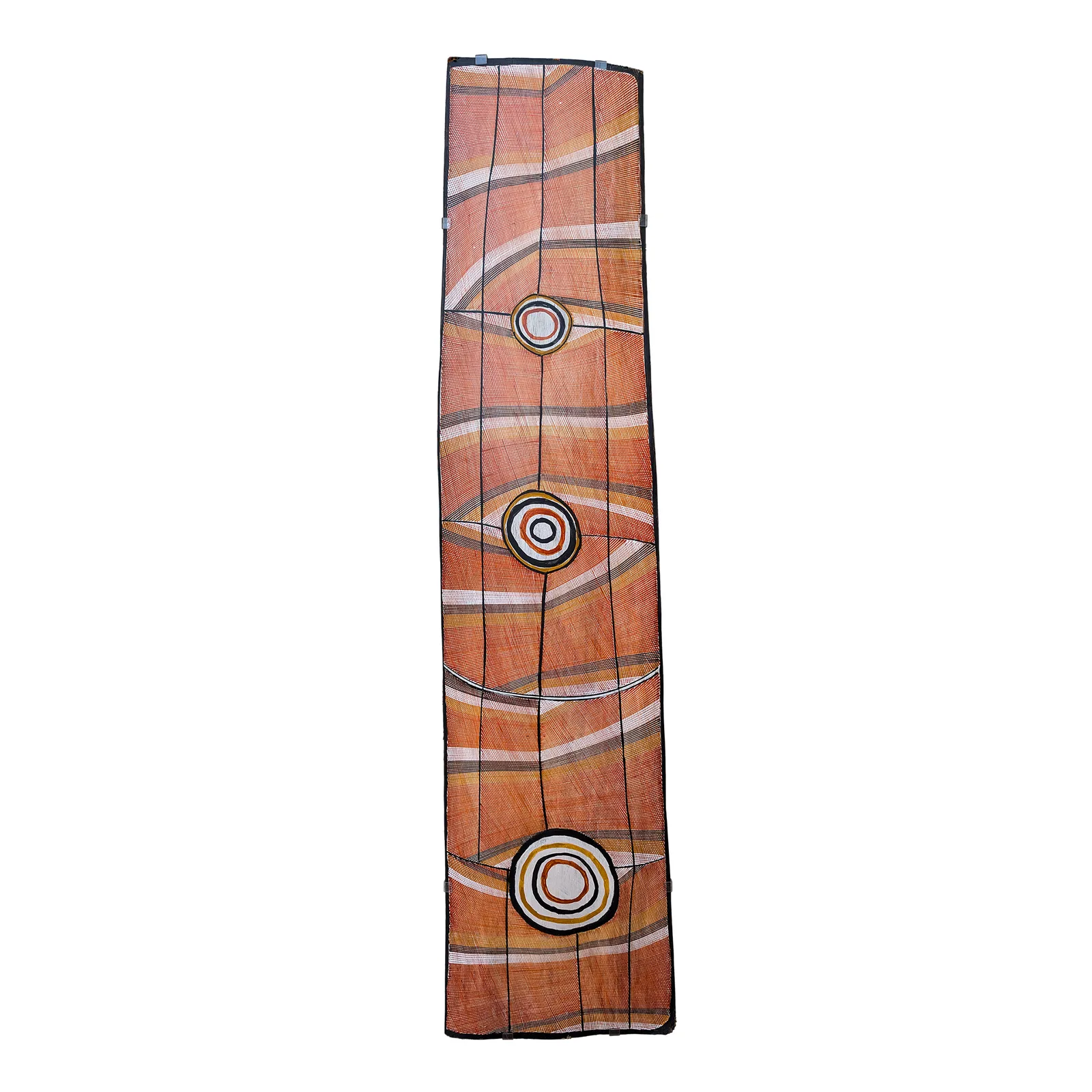 Kay Lindjuwanga, Mardayin Design, 2004, natural earth pigments on stringy bark, 159 x 39.5 cm