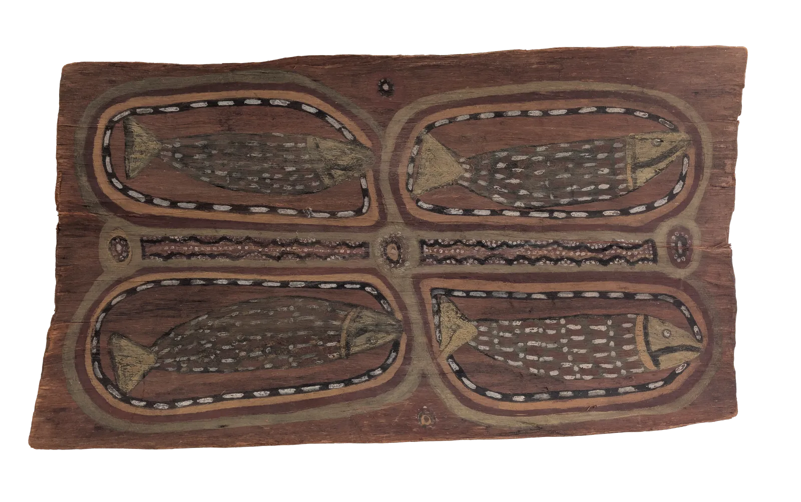 Charlie Mardigan, Barramundi, c.1970s, natural earth pigments on bark, 43 x 79 cm