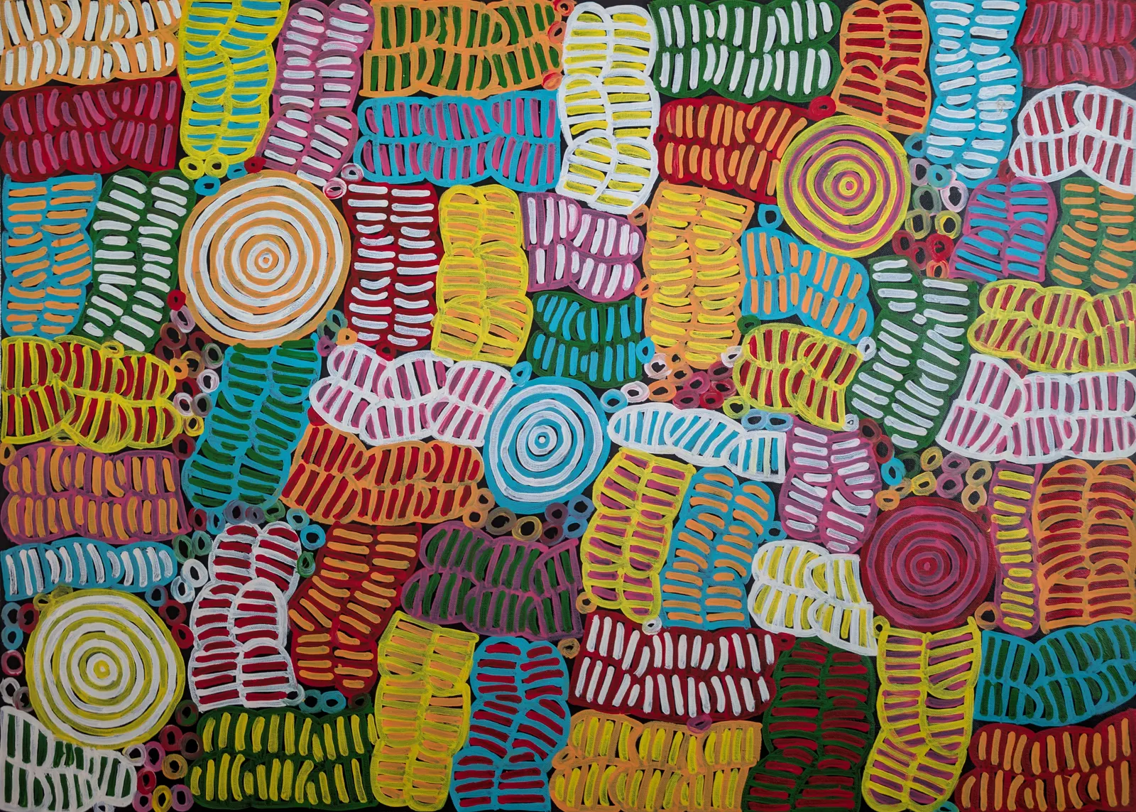 Betty Mbitjana, Awelye and Bush Melon, synthetic polymer paint on linen, 126 x 91 cm