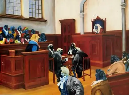 Gordon Syron, Judgement By His Peers, 1978, oil on canvas, 75 x 105 cm
