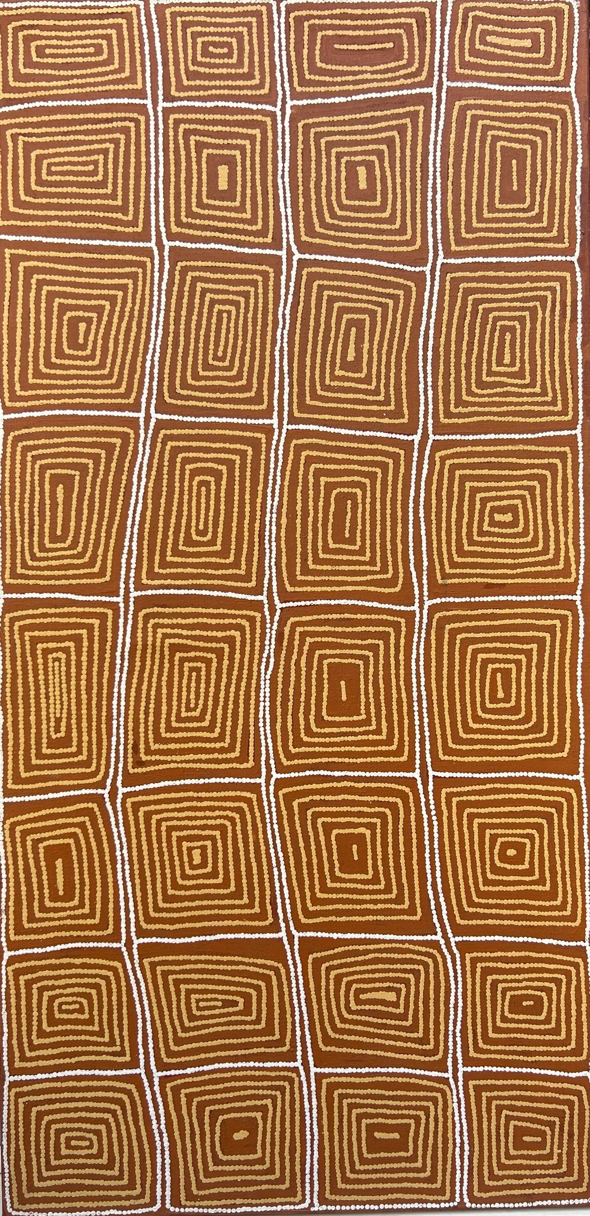 George Tjampu Tjapaltjarri, Tjantjun Rockhole Site, 2001, synthetic polymer paint on linen, 122 x 61 cm