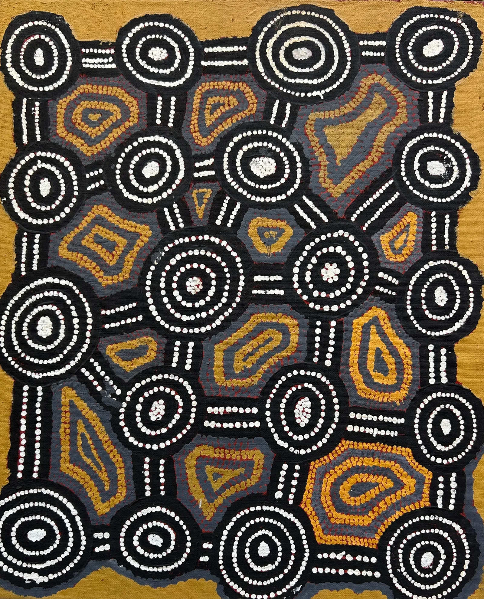Willy Tjungurrayi, Tjurringya Rockhole, 1998, synthetic polymer paint on linen, 46 x 38 cm