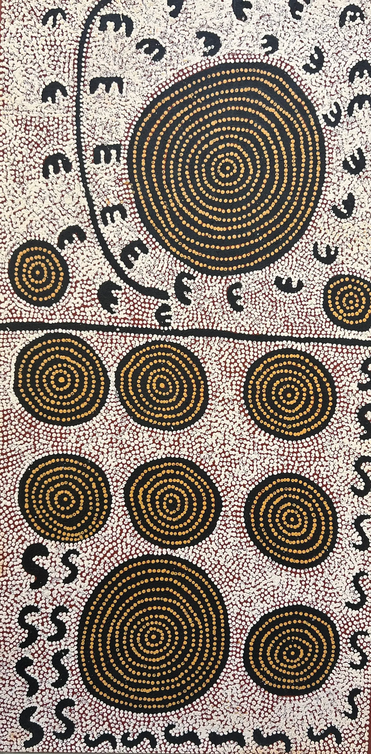 Morris Gibson Tjapaltjarri, Tingari west of Lake MacDonald, 2000, synthetic polymer paint on linen, 91 x 46 cm