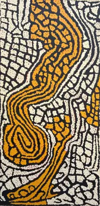 Walangkura Napanangka I (Uta Uta’s Wife), Three Women's Dreaming, 2004, synthetic polymer paint on linen, 91 x 46 cm