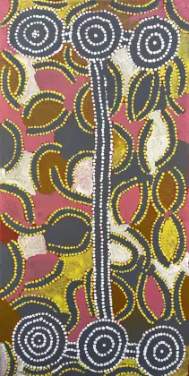 Dinny Nolan Tjampitjinpa, Boomerang Dreaming, 2004, synthetic polymer paint on linen, 91 x 46 cm