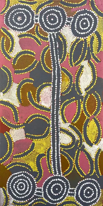 Dinny Nolan Tjampitjinpa, Boomerang Dreaming, 2004, synthetic polymer paint on linen, 91 x 46 cm