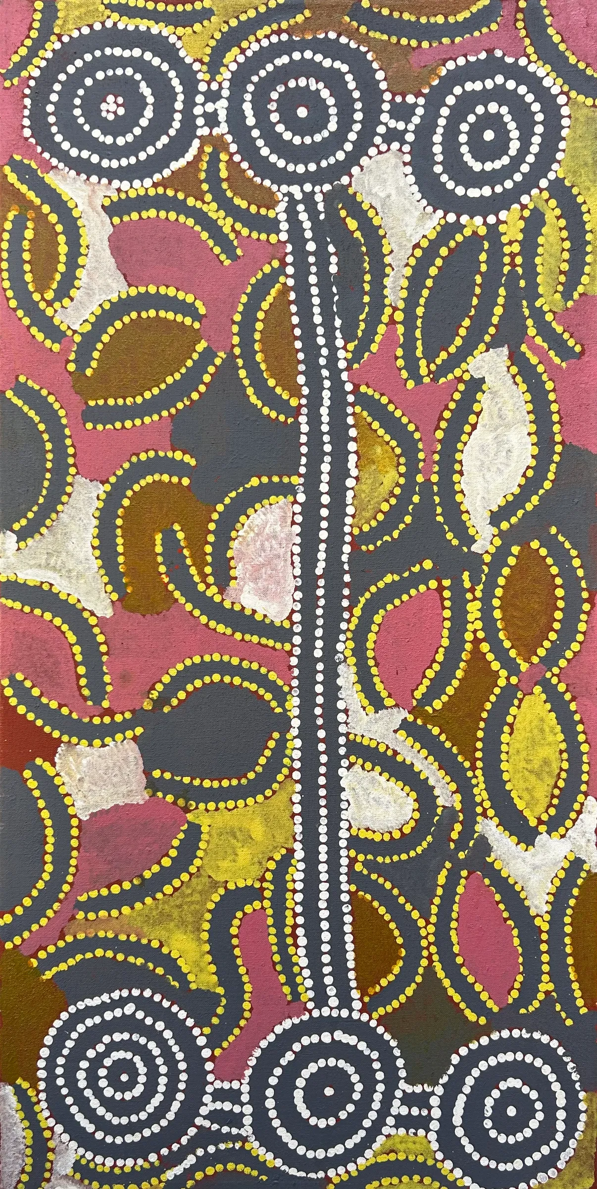 Dinny Nolan Tjampitjinpa, Boomerang Dreaming, 2004, synthetic polymer paint on linen, 91 x 46 cm