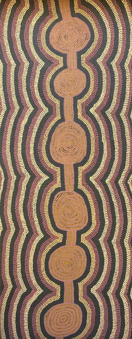 Charlie Tjapangati, Tarrinya, Tingari site, 1987, synthetic polymer paint on linen, 150 x 61 cm