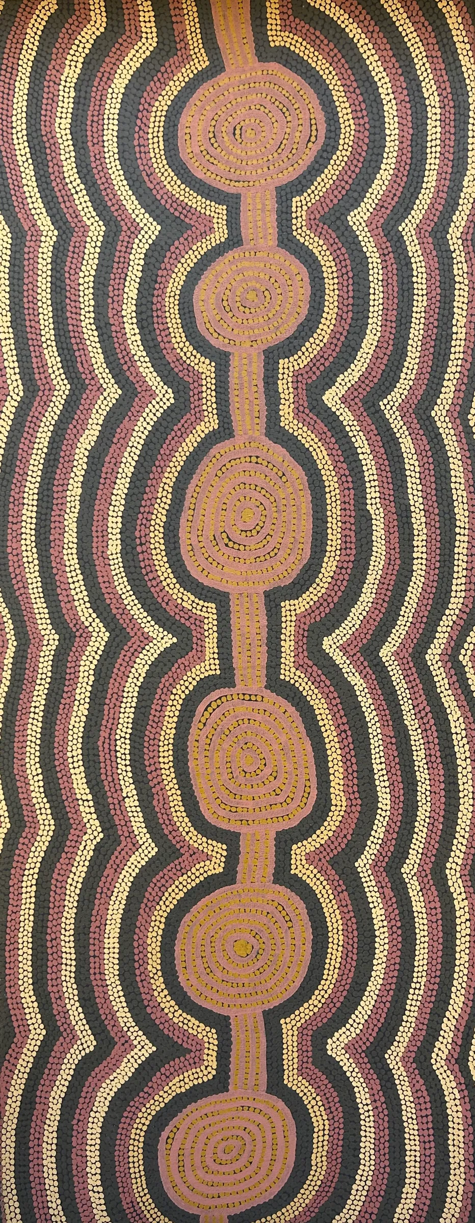 Charlie Tjapangati, Tarrinya, Tingari site, 1987, synthetic polymer paint on linen, 150 x 61 cm