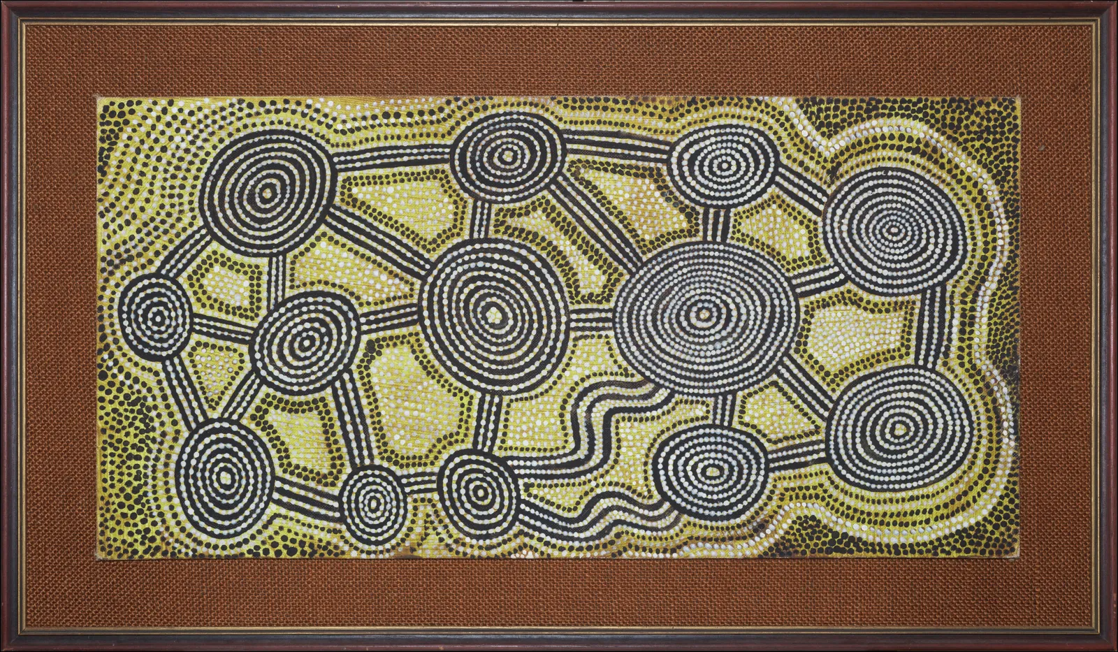 Anatjari No.1 Tjampitjinpa, Tingari at Yungalanya, 1978, synthetic polymer paint on canvas board, 31 x 61 cm