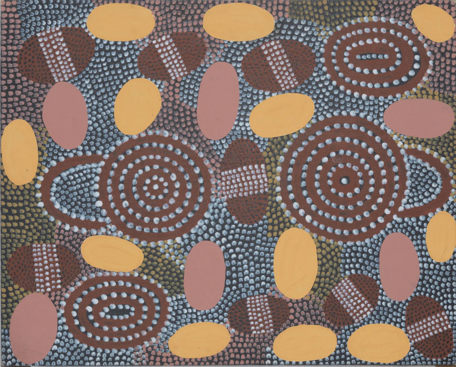 Billy Stockman Tjapaltjarri, Wild Potato Dreaming, c.1980, synthetic polymer paint on canvas board, 59 x 40.6 cm
