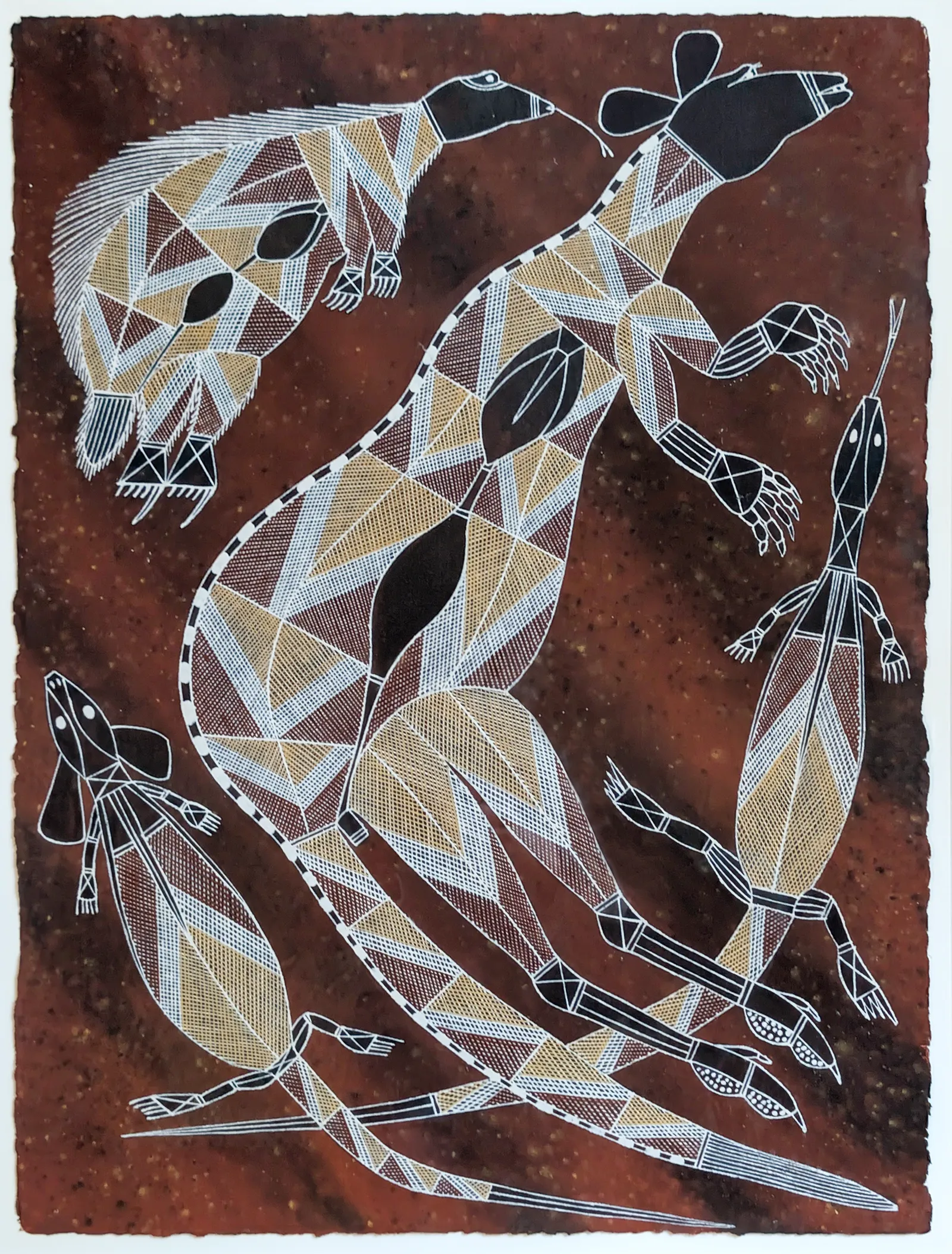 Attributed to Wesley Nganjmirra, Rock Wallaby, Echidna and Goanna, 58 x 75 cm