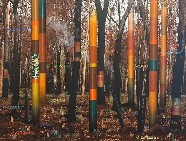 Ian Waldron, Into the Woods #1, 2013, glicee print and acrylic paint on canvas, 138 x 181 cm