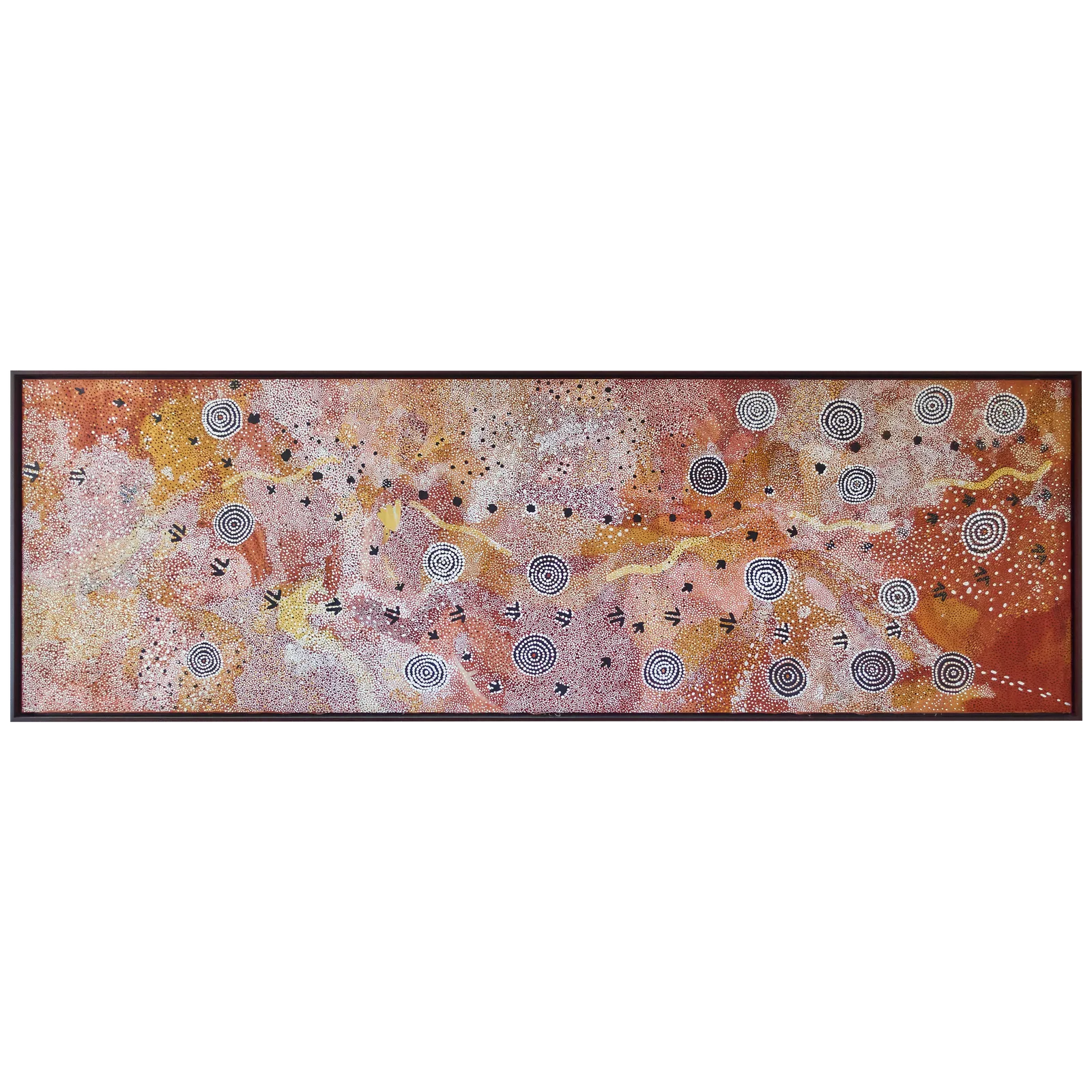 Attributed to  Johnny Warangkula Tjupurrula, Water Dreaming (Tjikarri), c.1989, synthetic polymer paint on Belgian linen, 93 x 298 cm
