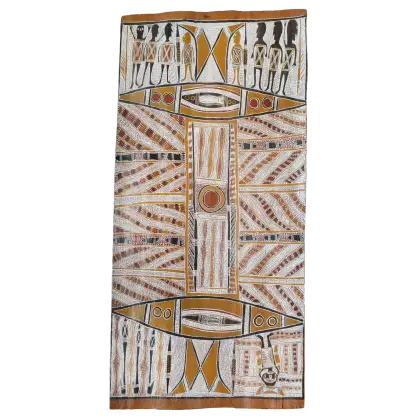 Narritjin Maymuru, Yingapungapa at Djarrakpi, 1971, natural earth pigments on stringy bark, 120 x 57 cm