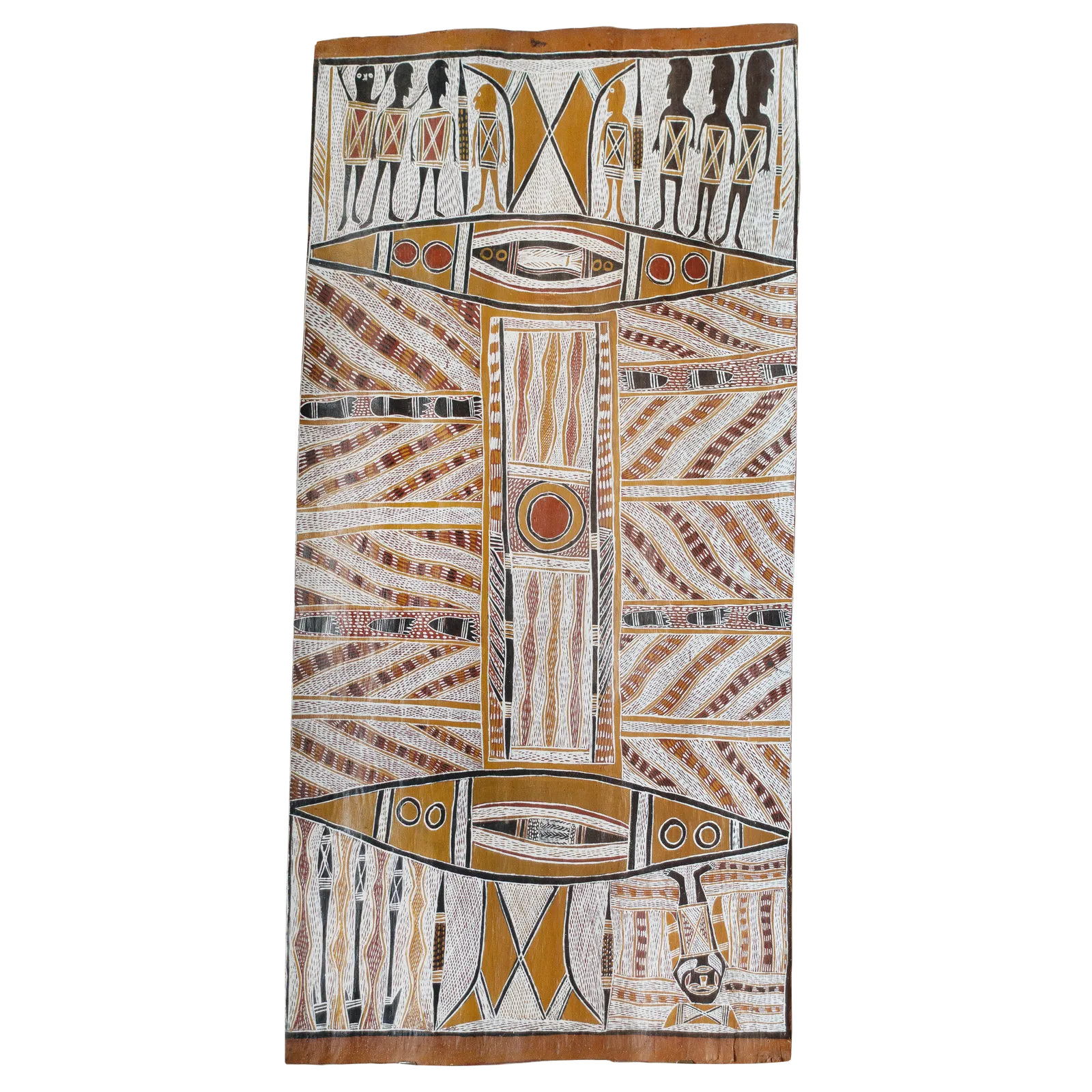 Narritjin Maymuru, Yingapungapa at Djarrakpi, 1971, natural earth pigments on stringy bark, 120 x 57 cm