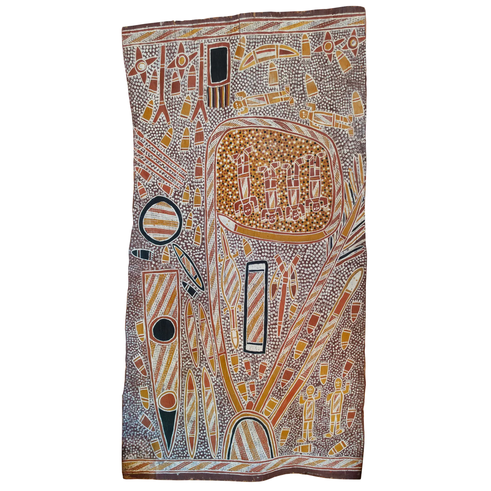 Joe Djimbungu, Wagilag Creation Story, c.1985, natural earth pigments on stringy bark, 123 x 66 cm