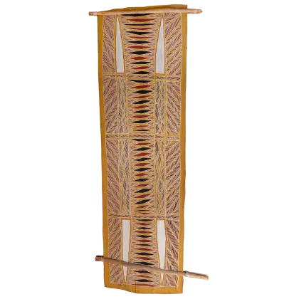 Peter Datjin Burarrwanga, Ganiny, 1996, natural earth pigments on stringy bark, 174 x 52 cm