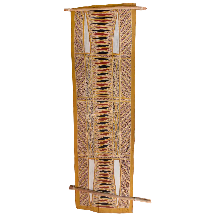 Peter Datjin Burarrwanga, Ganiny, 1996, natural earth pigments on stringy bark, 174 x 52 cm