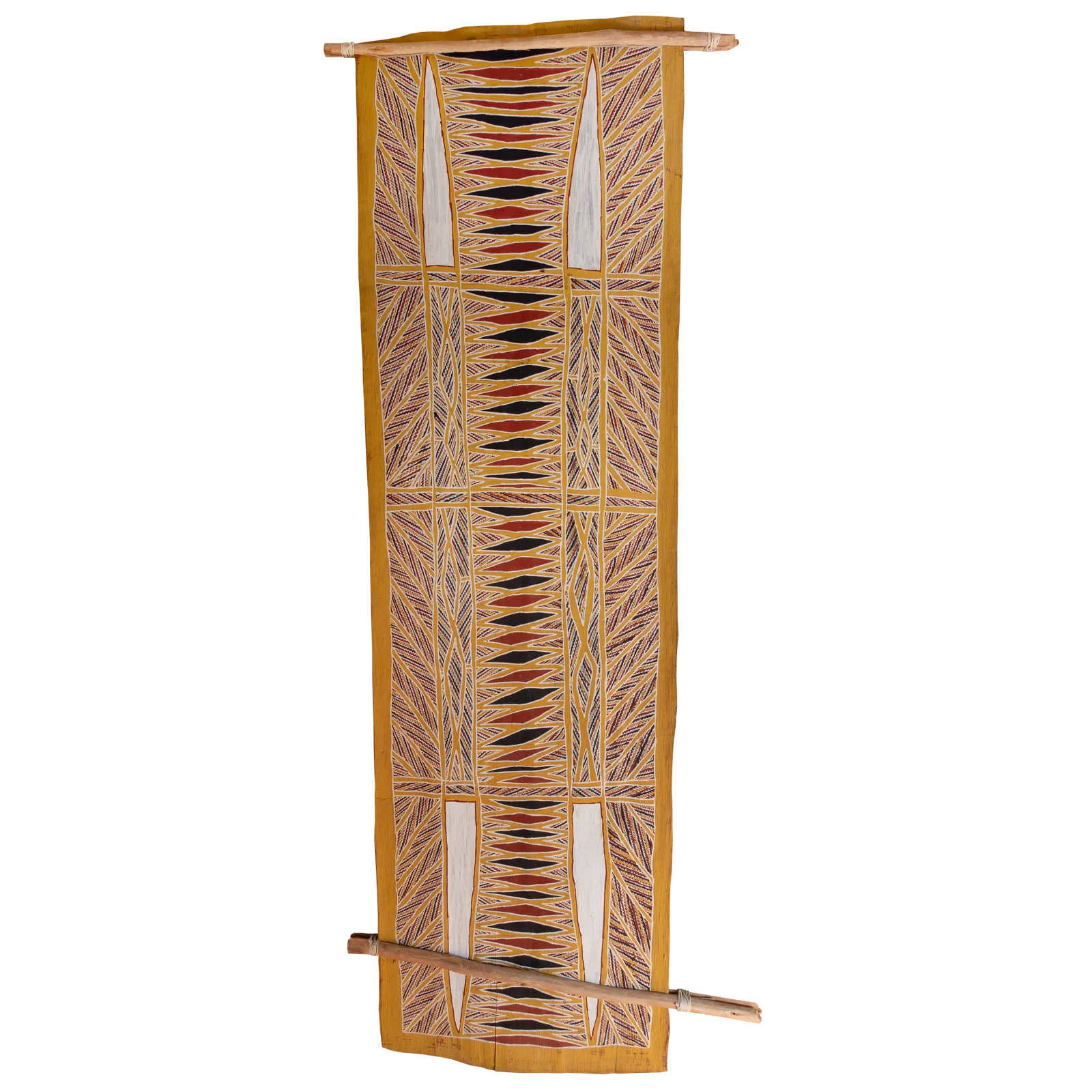 Peter Datjin Burarrwanga, Ganiny, 1996, natural earth pigments on stringy bark, 174 x 52 cm