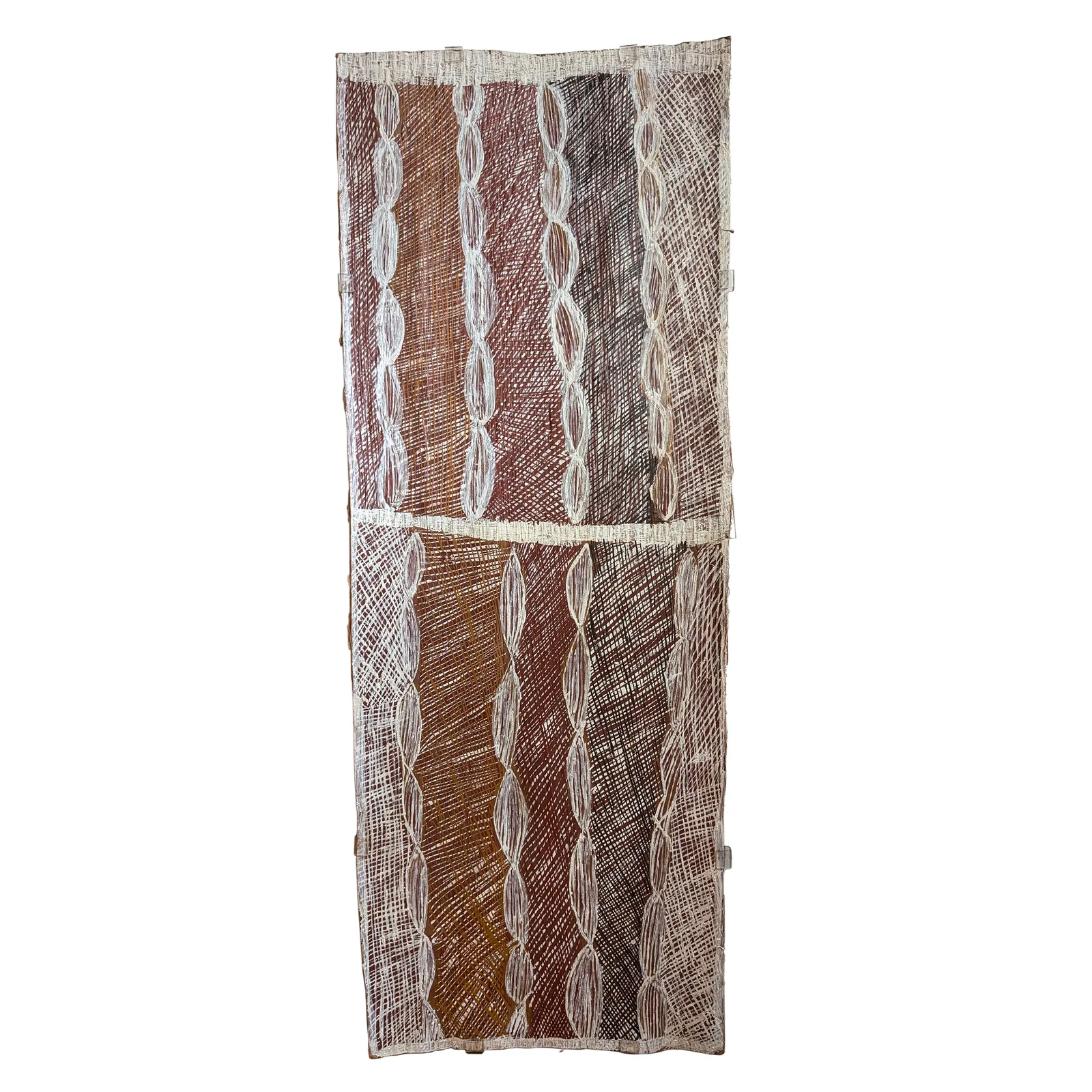 Barrupu Yunupingu, Gurtha, natural earth pigments on stringybark, 100 x 38 cm