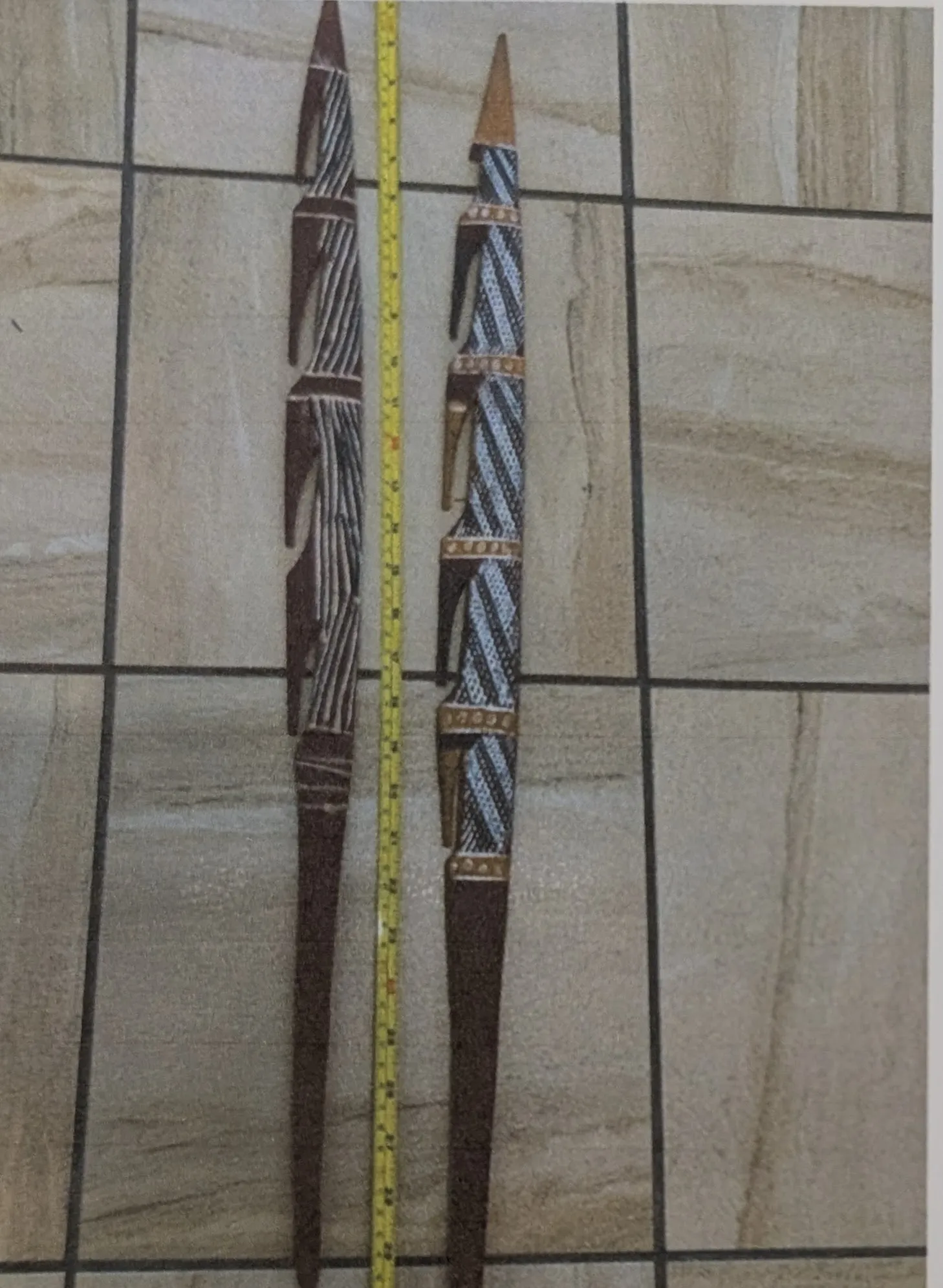 Billy Miridjowie, Ceremonial Spears, natural earth pigments on wood, 2 x 75 cm long