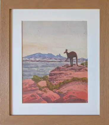 Walter Ebatarinja, Wallaby with Mount Sonder, c. 1945, watercolour on paper, 34 x 27.5 cm ; 51.5 x 45 cm frame