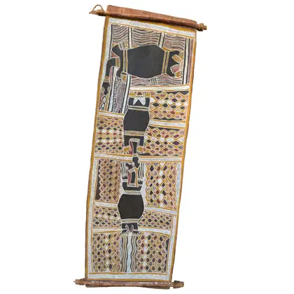 Warralka, Minala the long neck freshwater tortoise, natural earth pigments on bark, 94 x 31.5 cm