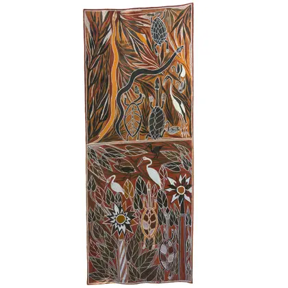 Bobby Bununggurr, Fresh Water Scene, 1983, natural earth pigments on bark, 290 x 50 cm