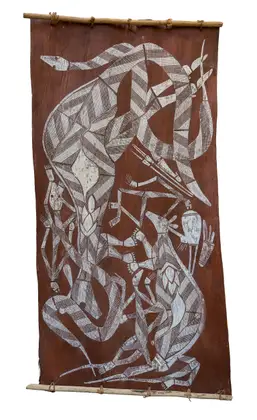 Ngainmira, Mimi and Namorodo Spirits, natural earth pigments on bark, 106.5 x 54.5 cm